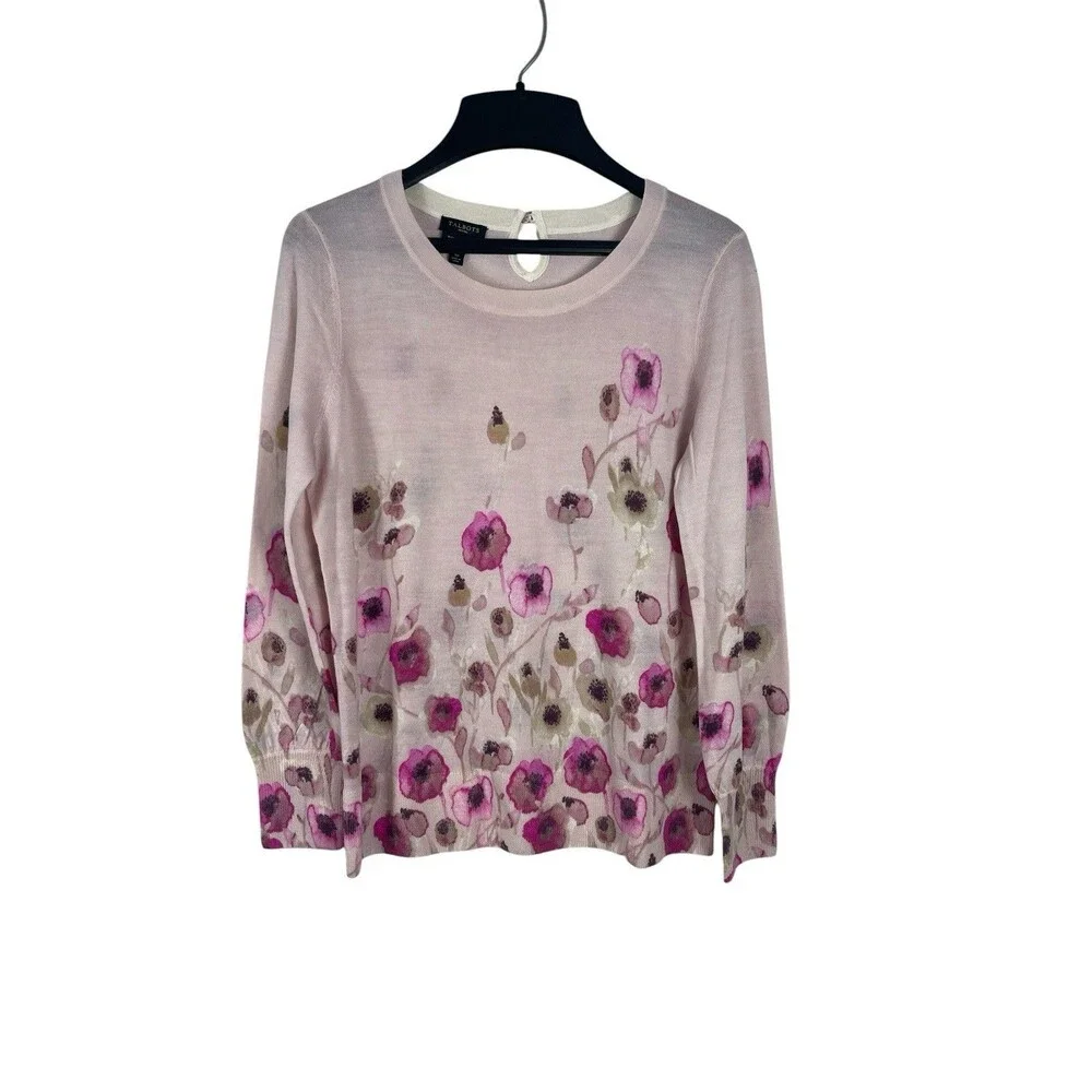 Talbots 100% Merino Wool Pink Floral Sweater PS Lightweight Knit